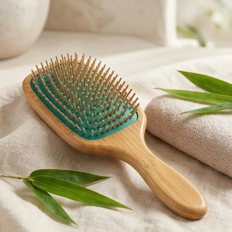 エコ バンブー パドル ヘアブラシ グリーン クッション 木製ピン付き