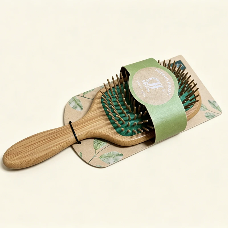 エコ バンブー パドル ヘアブラシ グリーン クッション 木製ピン付き