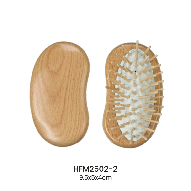 エンドウ豆の形をしたブナ材クッション ヘアブラシ 木製ピン付き